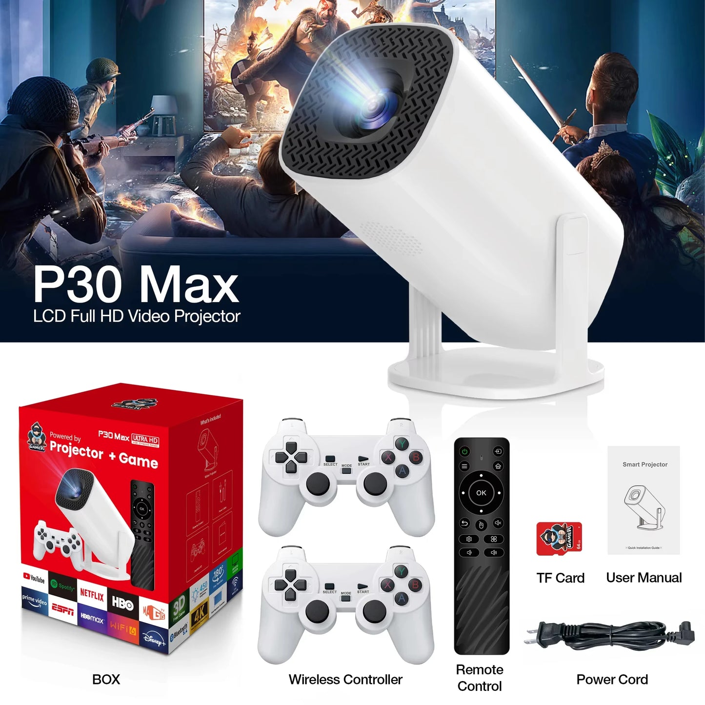 Projector Game Console P30 Max 4K 1080P Android11 Portable